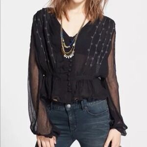 Free People Sheer Boho Blouse XS Black Embroidered Lace Button Front Peplum Top